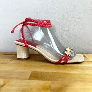 SCHUTZ Hina Woven Raffia Pink Coral Leather Lace Up Heeled Sandals Daisy Size 8